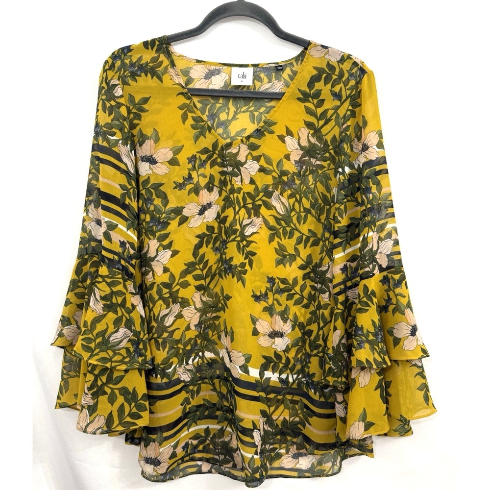 CAbi Spring Scene Yellow Floral Sheer Bell Sleeve Top Women Size M Boho Artsy